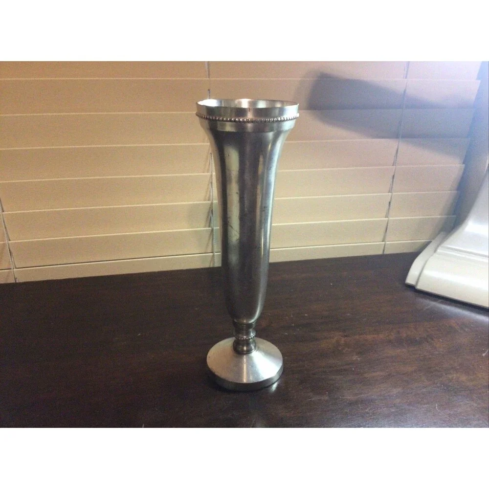 Pottery Barn Pewter Metal Brass Tall Large Pedestal Cylinder Vase Urn 10.25”
